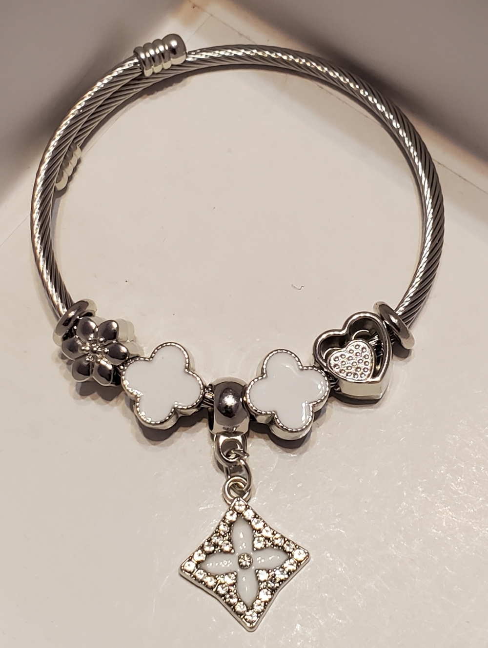 Stainless Steel White Quatrefoil Clover & Heart Charm Adjustable Bangle Bracelet